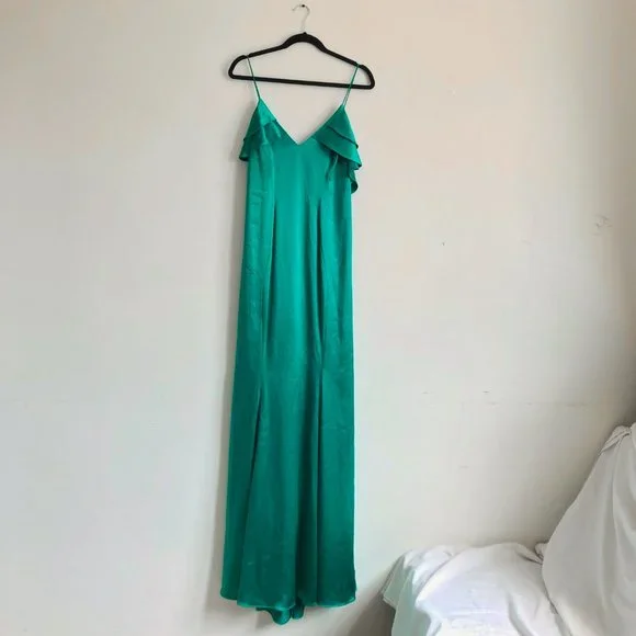 NWT Zac Posen Green emerald satin ruffle long dress - Picture 5 of 7